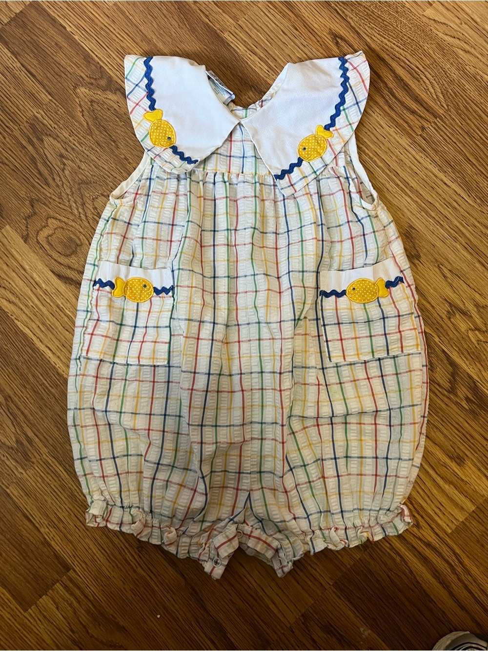 Baby Pastel Check Bubble Romper with GoldFish Appliqué